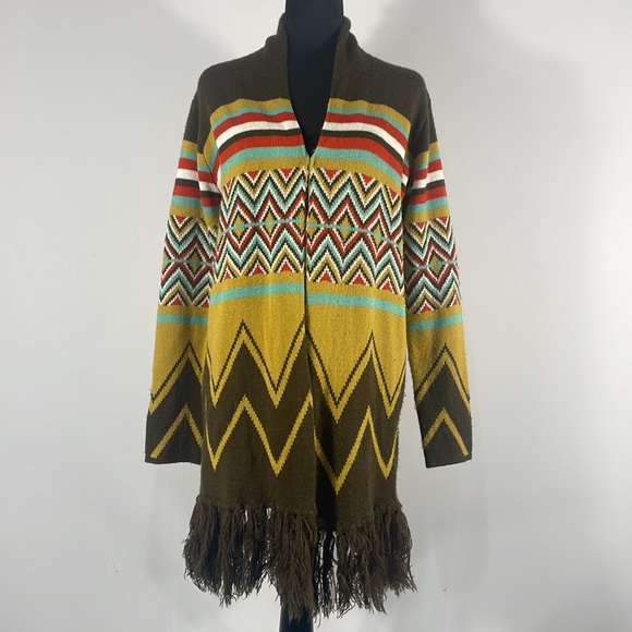 Hot & Delicious Sante Fe Cardigan, M/L, Sweater, open front, Fringe, Brown multi - Picture 10 of 10